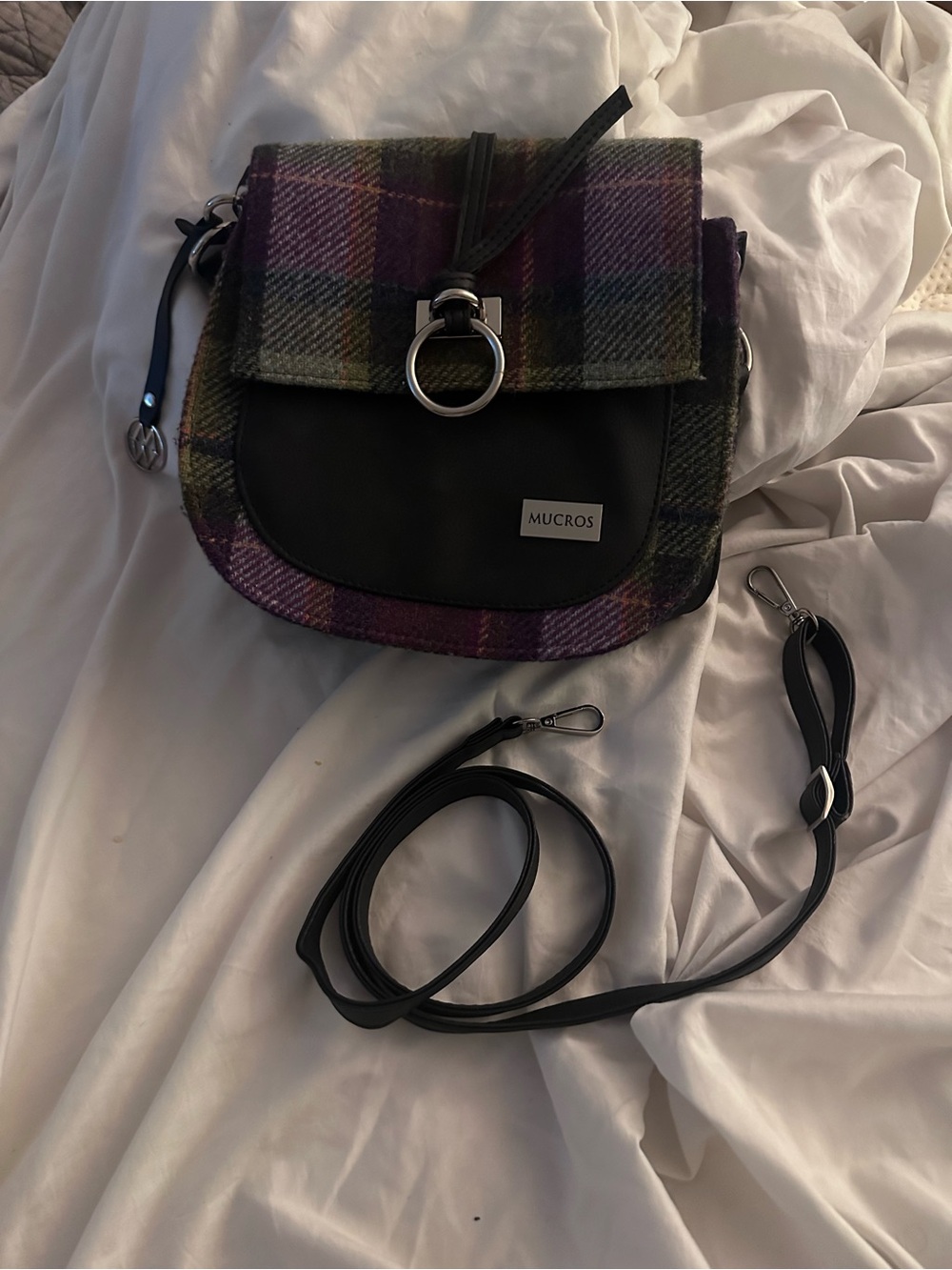 Mucros Purple Plaid Crossbody with Leather Trim